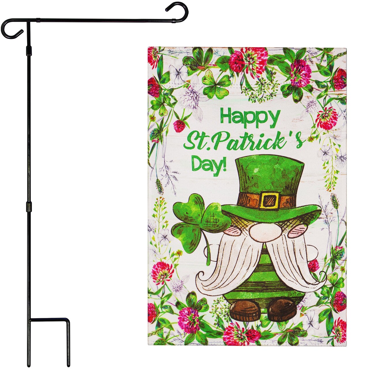 G128 Combo Pack: Garden Flag Stand Black 36 in x 16 in & Garden Flag Happy St. Patrick's Day Decoration Decoration Leprechaun Gnome 12"x18" Double-Sided Blockout Fabric